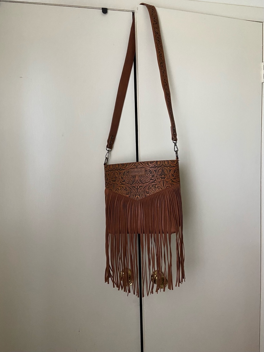 Wrangler Fringed Tooled Leather Crossbody Bag - Brown
